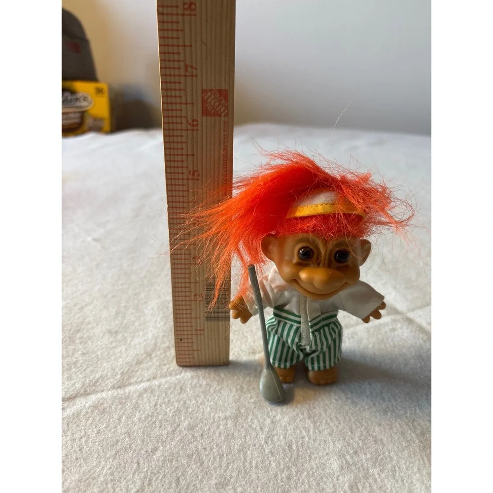 Vintage Troll Doll Golfer Orange Hair Green Striped Pants Golf Club Toy